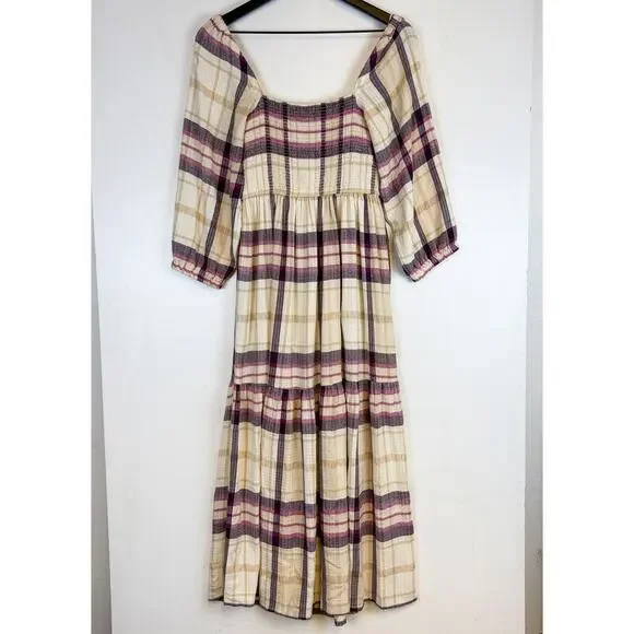 Marine Layer Ivy Smocked Maxi Long Plaid Dress Beige Purple - XS - Picture 6 of 9